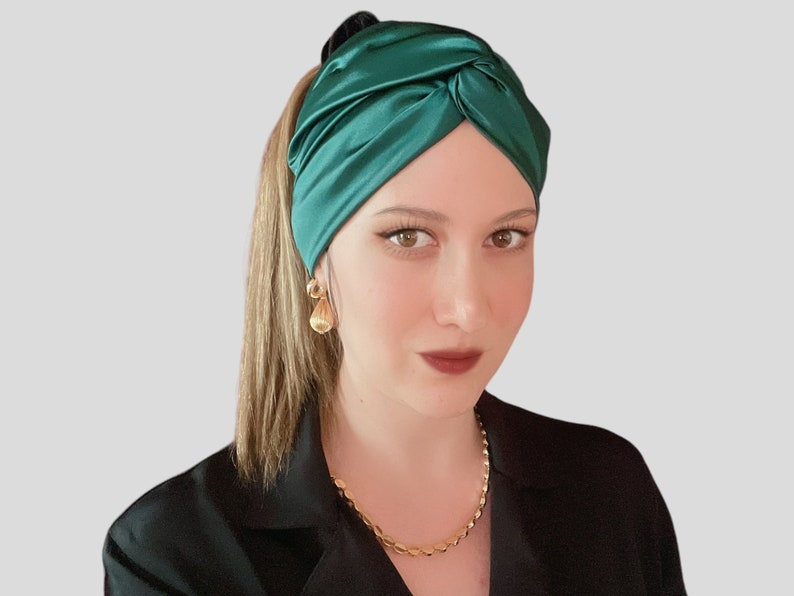 Bandeau en fil de satin olive, foulard en soie, couvre-chef filaire, turban multi-style, bandeau à volants image 7