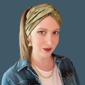 Olive Satin Wire Headband, Silk Head Scarf, Wired Headwrap, Multi Style Turban, Ruffle Headband image 2