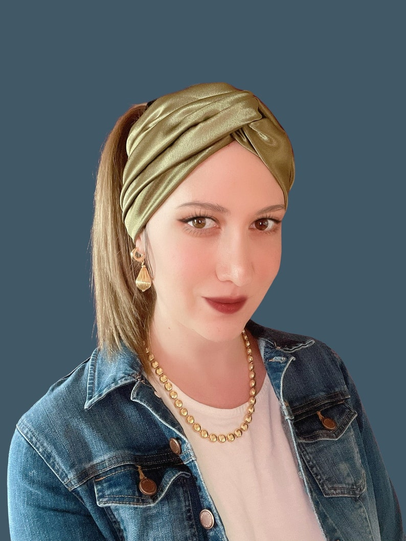 Olive Satin Wire Headband, Silk Head Scarf, Wired Headwrap, Multi Style Turban, Ruffle Headband image 2