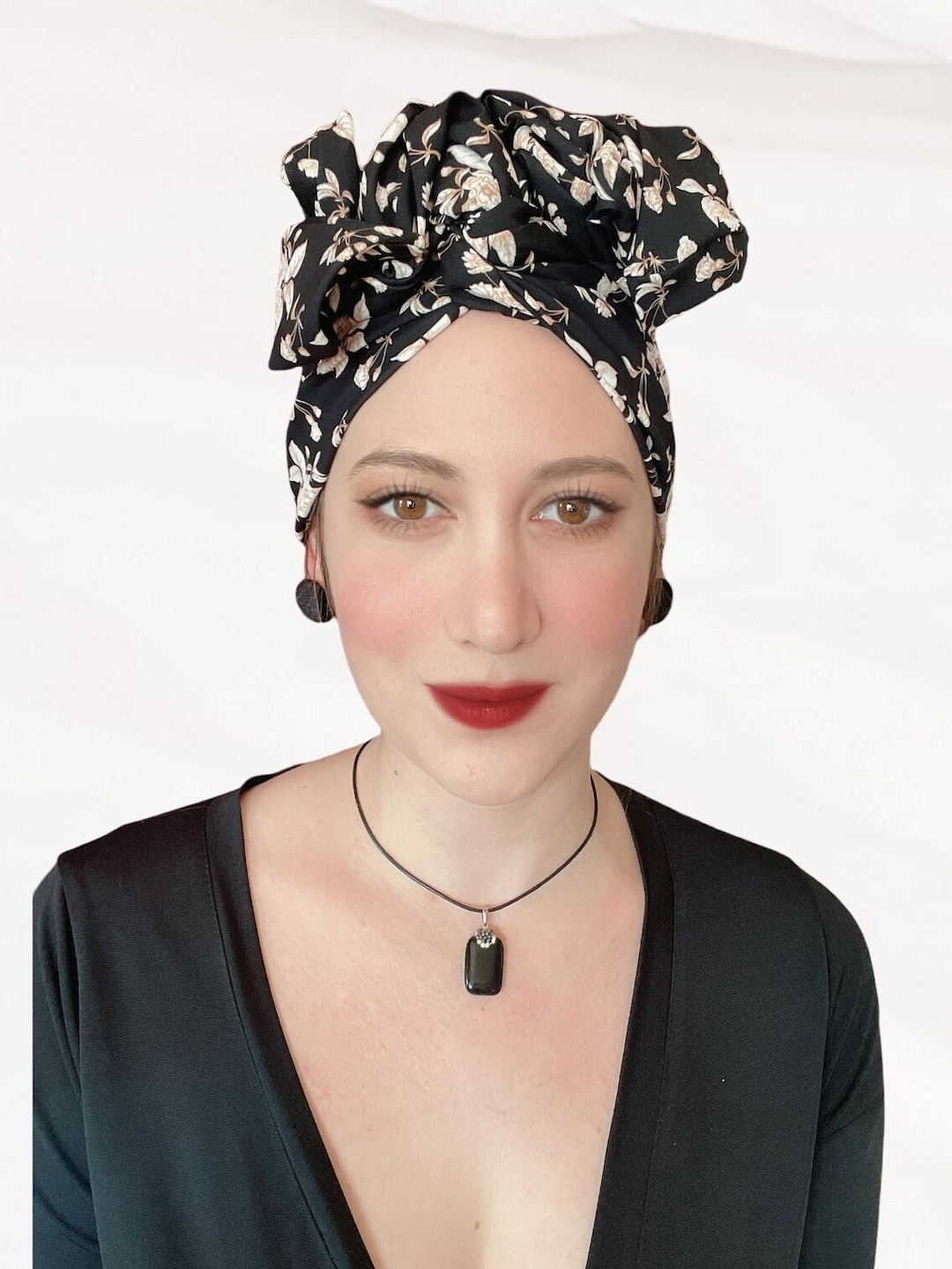 Wire Turban Headwrap for Women, Black White Floral Headwrap