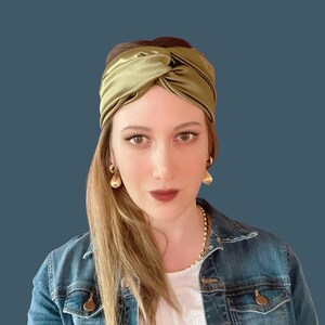 Olive Satin Wire Headband, Silk Head Scarf, Wired Headwrap, Multi Style Turban, Ruffle Headband image 4