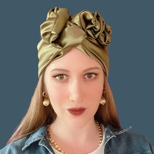 Bandeau en fil de satin olive, foulard en soie, couvre-chef filaire, turban multi-style, bandeau à volants image 1