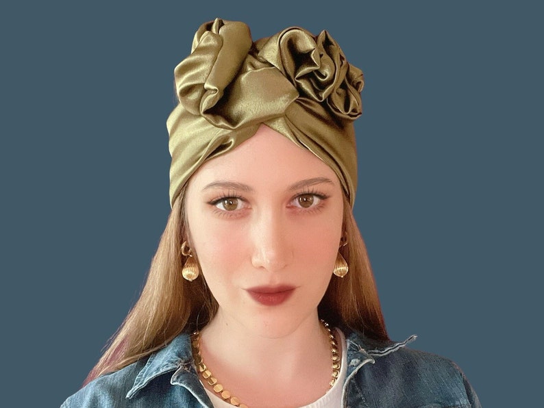 Olive Satin Wire Headband, Silk Head Scarf, Wired Headwrap, Multi Style Turban, Ruffle Headband image 1