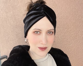 Bandeau de velours noir | Bandeau Turban à nœud torsadé| Bandeau d’hiver épais | Bandeau Boho Ear Warmer