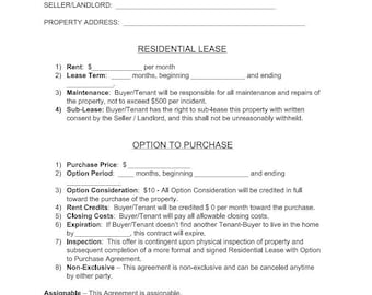 Residential Lease and Option to Purchase Agreement | Real Estate Contract