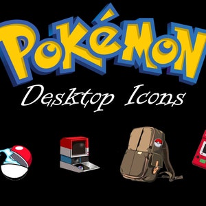 May include: A set of four Pokemon desktop icons featuring a Pokeball, a Game Boy, a backpack, and a Pokedex. The icons are in a cartoon style and are set against a black background. The text "Pokemon Desktop Icons" is displayed above the icons.