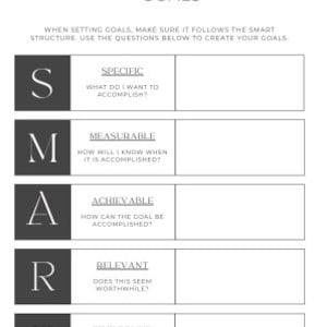 May include: A black and white infographic with the acronym SMART and the word GOALS. The acronym stands for Specific, Measurable, Achievable, Relevant, and Time-Bound. Each letter is in a black box with a white outline and a description of each term.