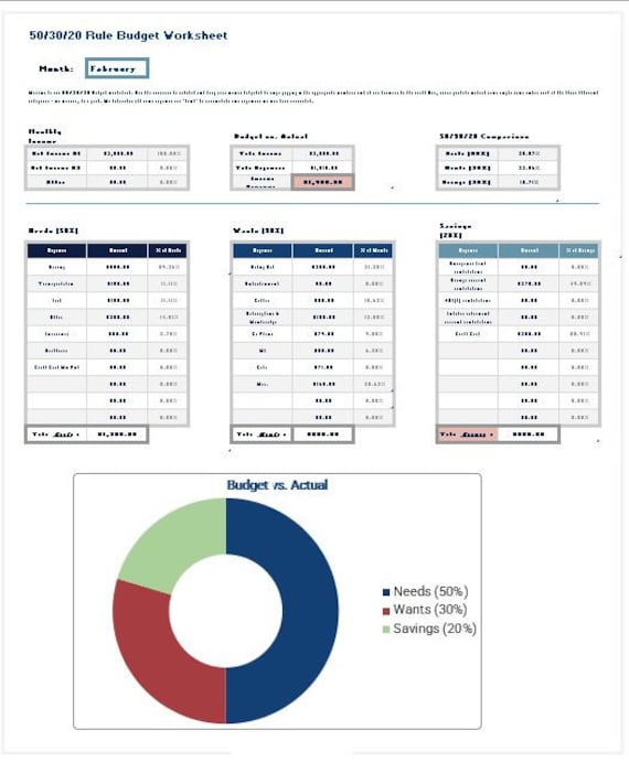 50 30 20 Rule Budget Calculator Excel File Etsy