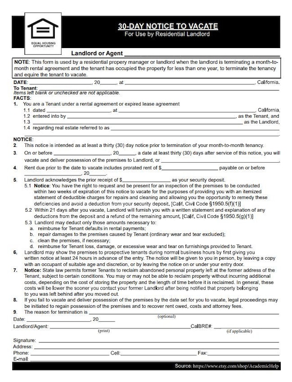30 Day Notice to Vacate California Eviction Notice Etsy