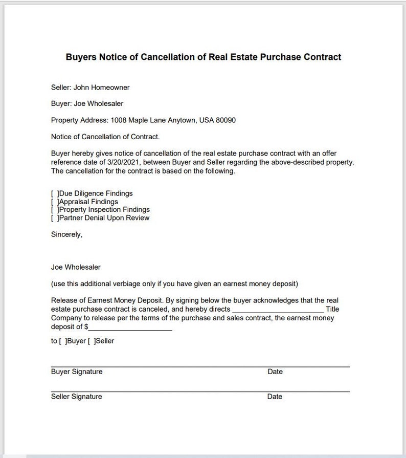 Buyers Notice of Cancellation Real Estate Contract Wholesale Etsy