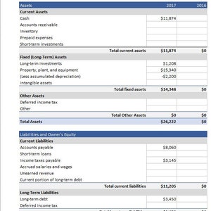 May include: A balance sheet showing financial data for 2017 and 2016. The sheet includes assets, liabilities, and owner's equity. The total assets for 2017 are $26,222 and the total liabilities are $14,655.