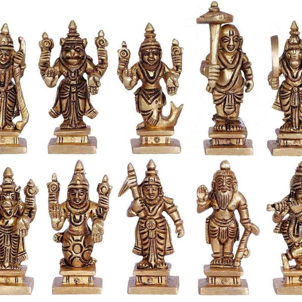 Vishnu Dashavatar set, Brass Handmadebset of ten incarnations of Lord Vishnu, Home decor idols, Hindu God statue, 2.25 inch and 6 inch