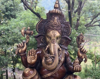 Big Ganesha statue - 16 inch God Luck god.lord of wisdom ,Lord Ganesha Statue.Brass Good.Finish Ganesh with Antique look