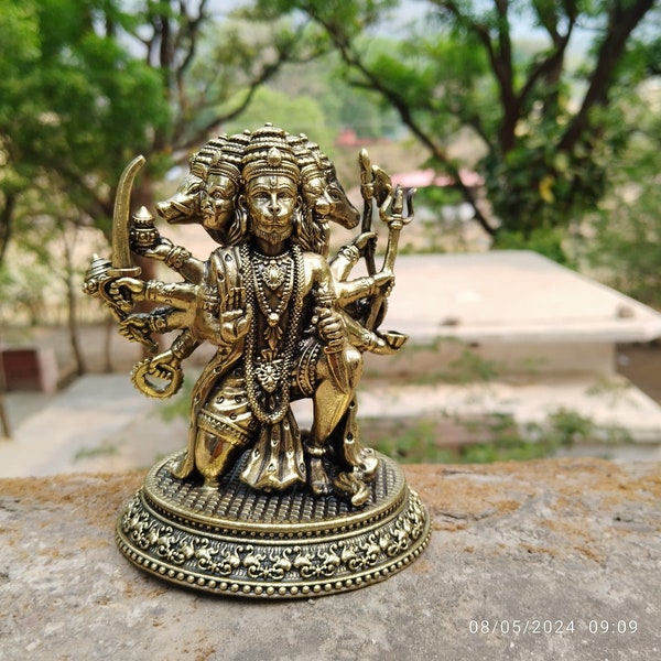 Seated Panchmukhi Hanuman Brass Statue, Hindu Monkey Deity Brass Hanuman Statuette, Hindu God Idols, Bajrang Bali Statue