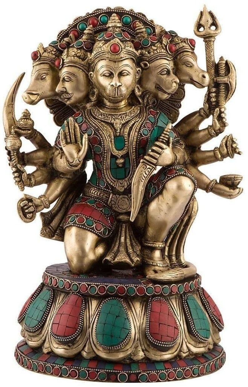 Seated Panchmukhi Hanuman Brass Statue Hindu Monkey Deity Etsy