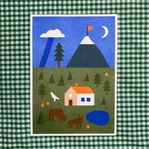 A4 Risograph Print - Mountains, House and Forest