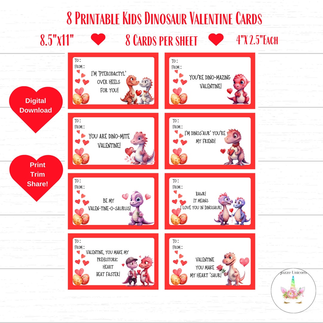 Printable Dinosaur Valentine Cards for Kids (digital Download) - Etsy