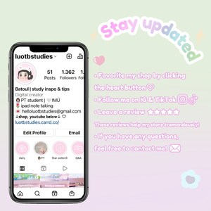 May include: A screenshot of a mobile phone displaying a social media profile for a digital creator named Batoul. The profile includes a cartoon avatar, a bio, and links to the creator's shop, YouTube channel, and Carrd website. The phone screen is surrounded by a pink and white background with the text "Stay updated" in a pink and white arc.