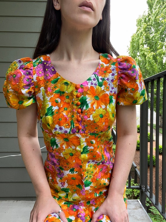 1970's Handmade Watercolor Floral Dress - image 1