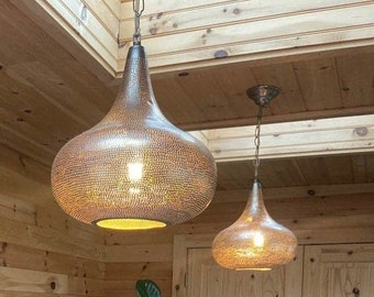 Set of 2 Brass Moroccan Pendant Lamps, Simple Onion Hanging Lights for Dining Room