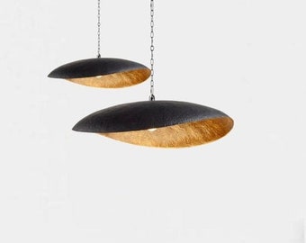 Set of 2 Black and Gold Pendant Light, Moroccan Curved Leaf Ceiling Lamp