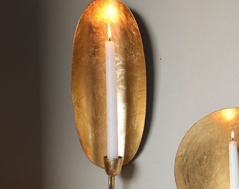 Set of 2. Moroccan Oval brass Gold Leaf Candlestick Holder Wall Sconce