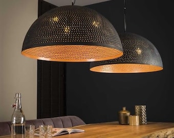Set of 2 Perforated Black Dome Pendant Lights, Farmhouse Kitchen & Dining Lighting