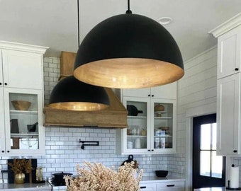 Pair of Black and Brass Pendant Lights, Hanging Dome Lamps for Kitchen Island Lighting