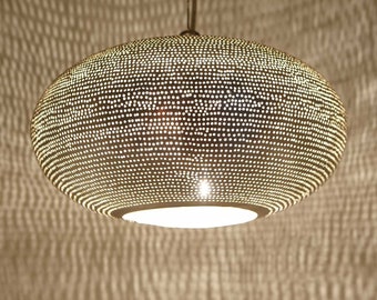 Perforated Brass Oval Pendant Light, Moroccan Hanging Lamp, Warm Shadow Glow