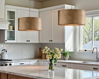 Set of 2 Antique Brass Drum Pendant Lights, Solid Brass Kitchen Island Ceiling Lamps