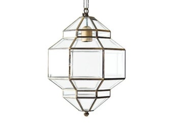Transparent Glass Pendant Light with Brass frame, Elegance Glass Suspension Lamp