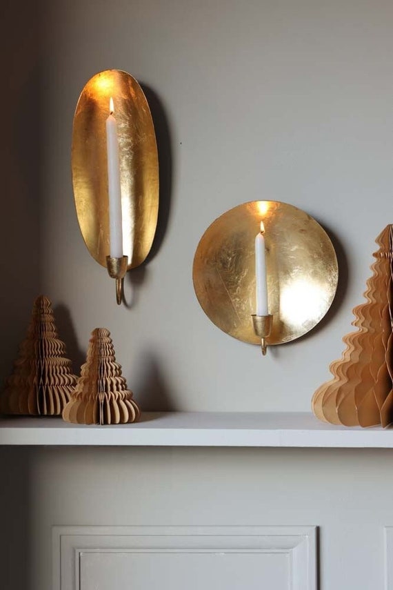 Moroccan Round oval Brass Gold Leaf Candlestick Holder Wall