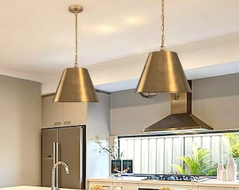 Pair of Moroccan Brass Cone Pendant Lights, Antique Oxidized Dome Ceiling Lamps