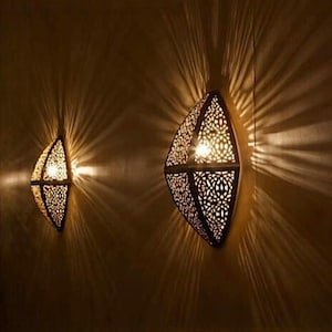 Pair of Moroccan Wall Lights, Handcrafted Copper and Brass Sconces for Living Room & Entryway