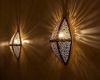 Pair of Moroccan Wall Lights, Handcrafted Copper and Brass Sconces for Living Room & Entryway