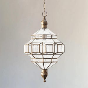 Hexagon Milky Glass Hanging Light, Handmade Ceiling Lamp with Solid Brass Frame