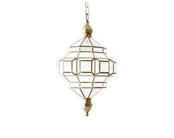 Geometric Glass and Brass Pendant Light, Milky Glass Ceiling Lamp