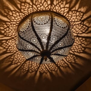 Moroccan Brass Flush Mount Light, Handmade Pierced Ceiling Lamp, Boho Brass Lighting
