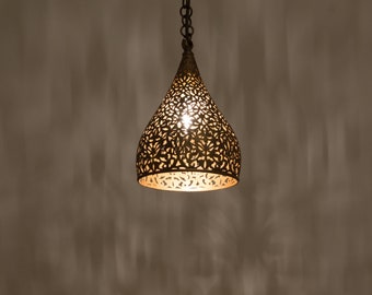 Moroccan Brass Cone Pendant Light, Hanging Ceiling Lamp with Engraved Detail