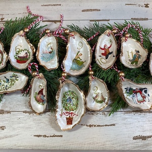 Oyster Shells 12 Days of Christmas Ornaments*Oyster Shell Ornament* Shell Christmas Ornament* Decoupage Oyster Shell*Beach Ornament Decor