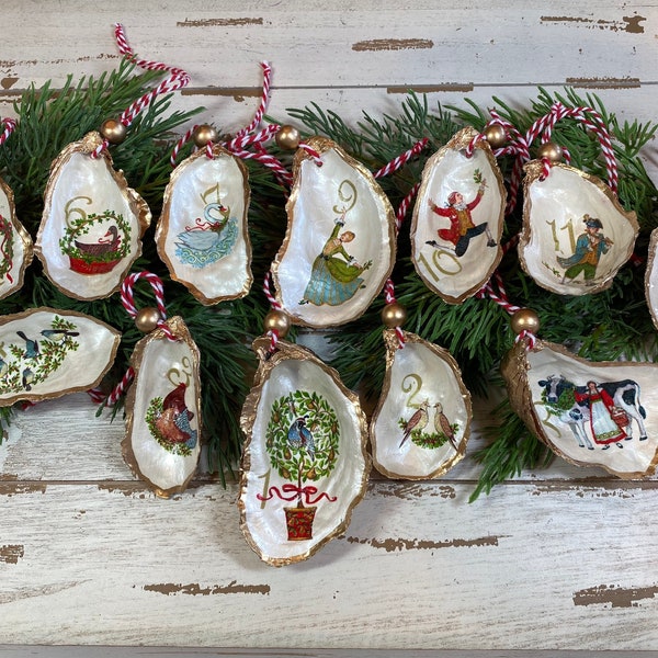 Oyster Shells 12 Days of Christmas Ornaments*Oyster Shell Ornament* Shell Christmas Ornament* Decoupage Oyster Shell*Beach Ornament