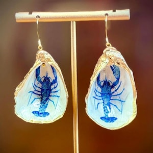 Delicate Tiny Oyster Shell Earrings with a Blue Lobster and Gold Leaf Detailing, Summer Beach Jewelry