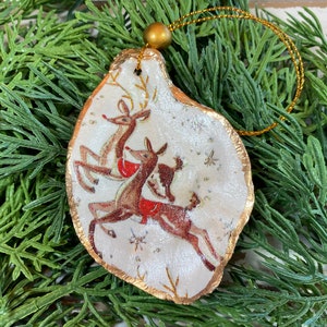 Oyster Shell Reindeer Christmas Ornament*Oyster Shell Ornament* Shell Christmas Ornament* Decoupage Oyster Shell*Reindeer Beach Ornament