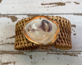 Rattan Cuff Bracelet with Gilded Oyster Shell