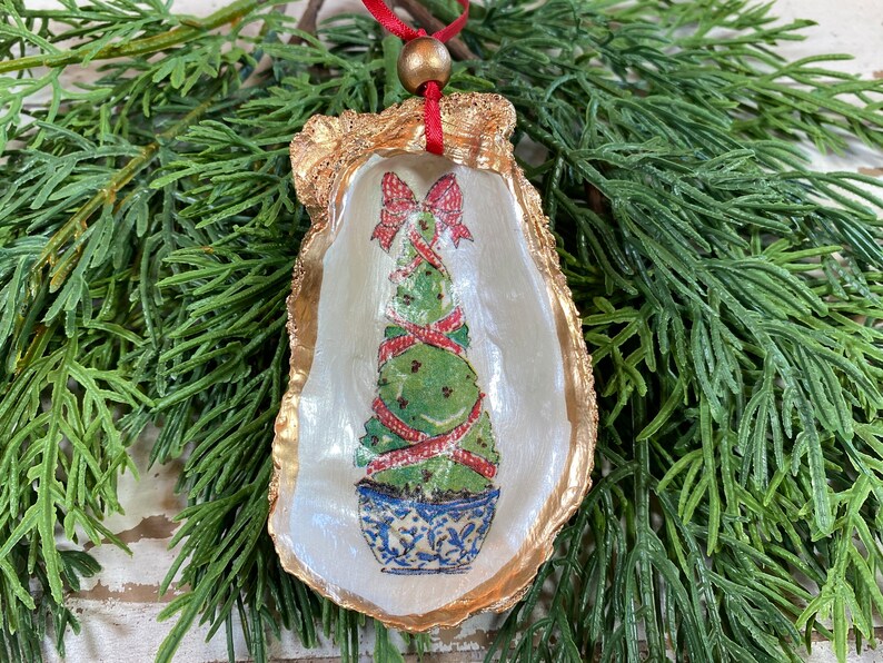 Oyster Shell Blue and White Chinoiserie Topiaries Christmas OrnamentBlue and White Ginger Jar Ornament Shell Christmas Ornament image 3
