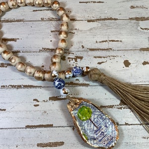 Oyster Shell Blessing Beads, Coastal Decor, Blessing Bead Garland with Designer Tassel, Decoupage Oyster Shell Garland