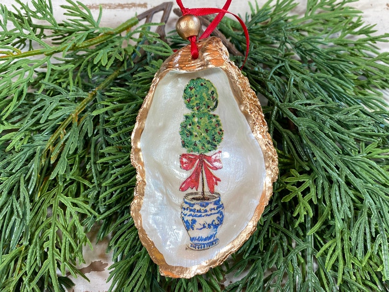 Oyster Shell Blue and White Chinoiserie Topiaries Christmas OrnamentBlue and White Ginger Jar Ornament Shell Christmas Ornament image 2