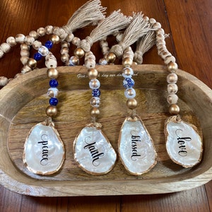Oyster Shell Blessing Beads, Coastal Decor, Blessing Bead Garland with Designer Tassel, Decoupage Oyster Shell Garland, Oyster Decor