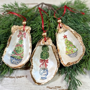 Oyster Shell Blue and White Chinoiserie Topiaries Christmas Ornament*Blue and White Ginger Jar Ornament* Shell Christmas Ornament* Ocracoke