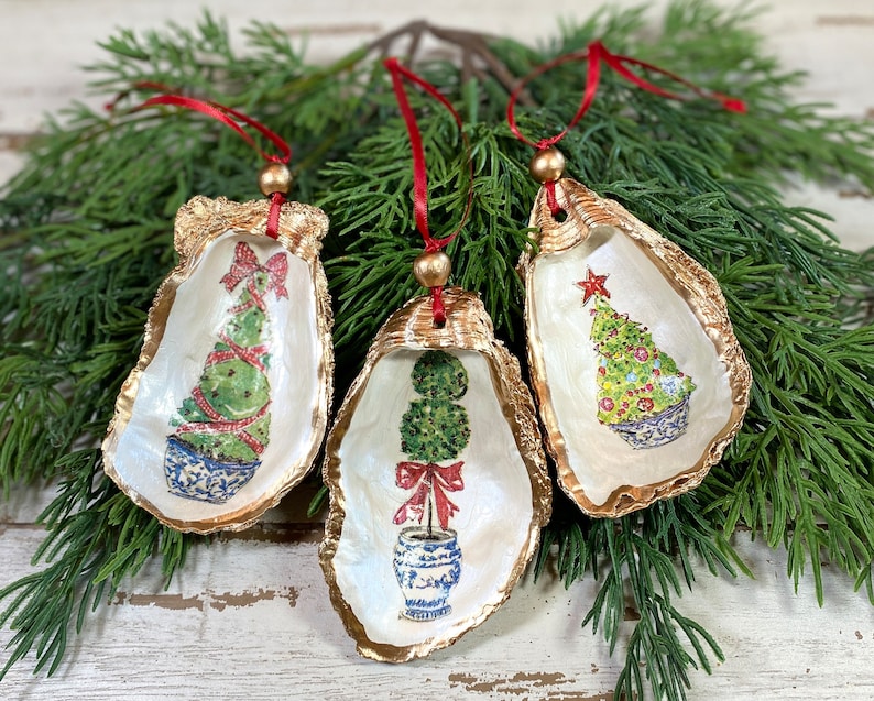 Oyster Shell Blue and White Chinoiserie Topiaries Christmas OrnamentBlue and White Ginger Jar Ornament Shell Christmas Ornament image 1